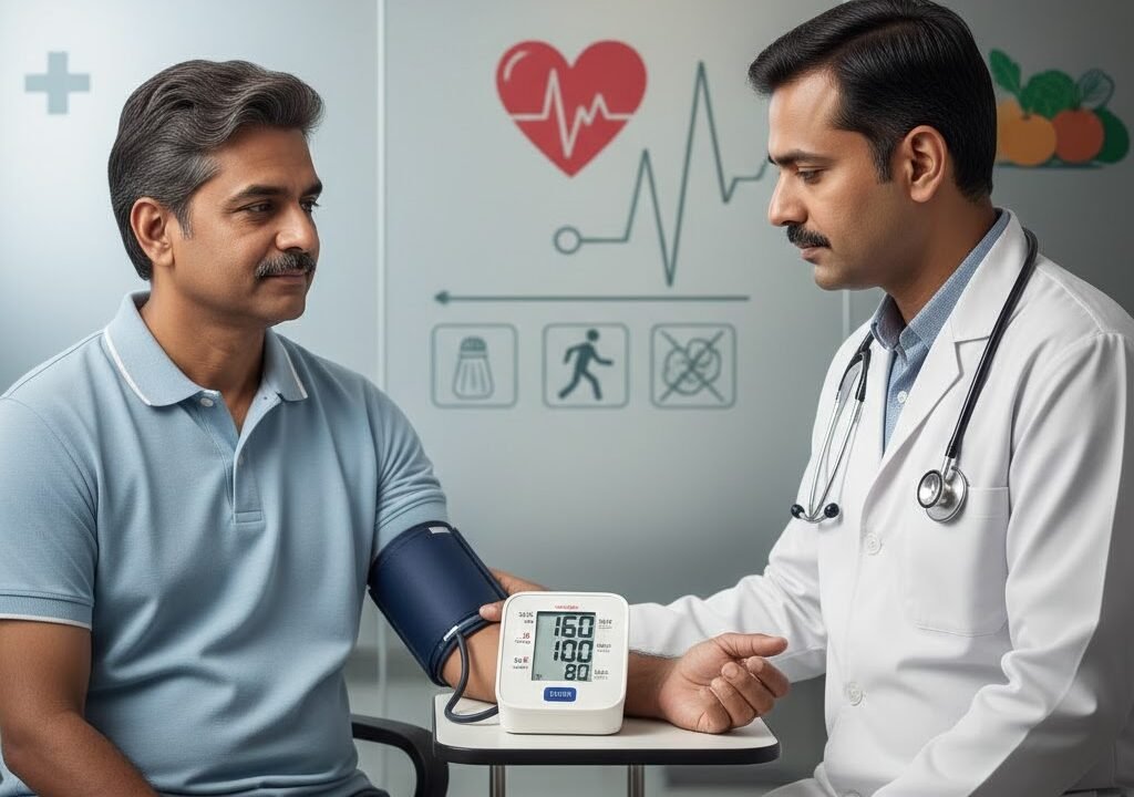 High blood pressure (hypertension) treatment in India showing BP measurement by doctor