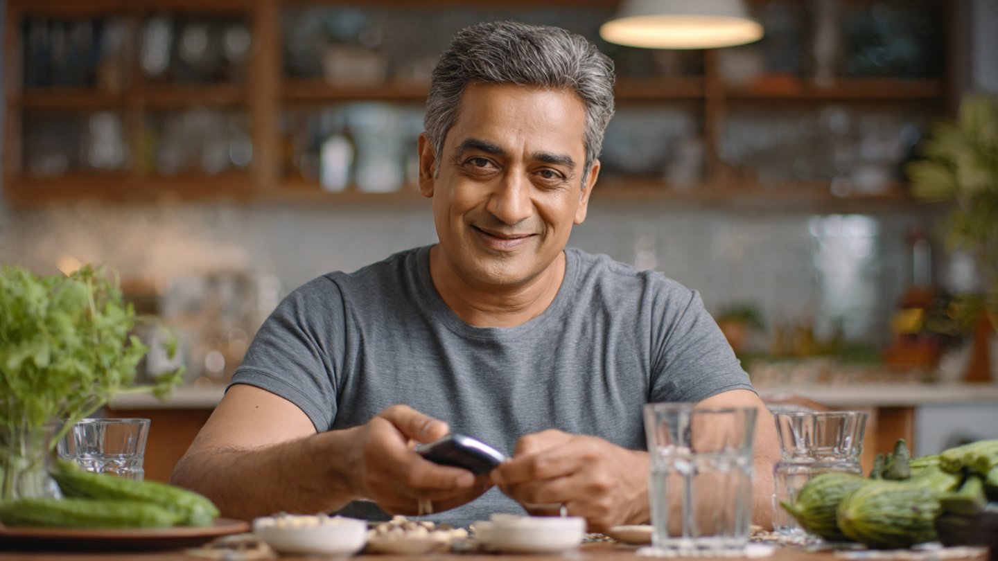 डायबिटीज रोगी द्वारा घर पर शुगर लेवल जाँचते हुए और हेल्दी डाइट के साथ दिखाई देती तस्वीर